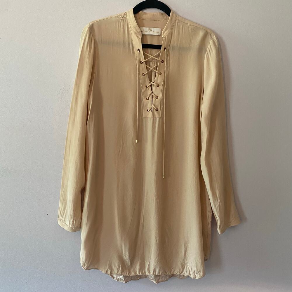 Amanda Uprichard Pink 100 Silk Lace-Up Long Sleeve Tunic Mini Dress Women Medium